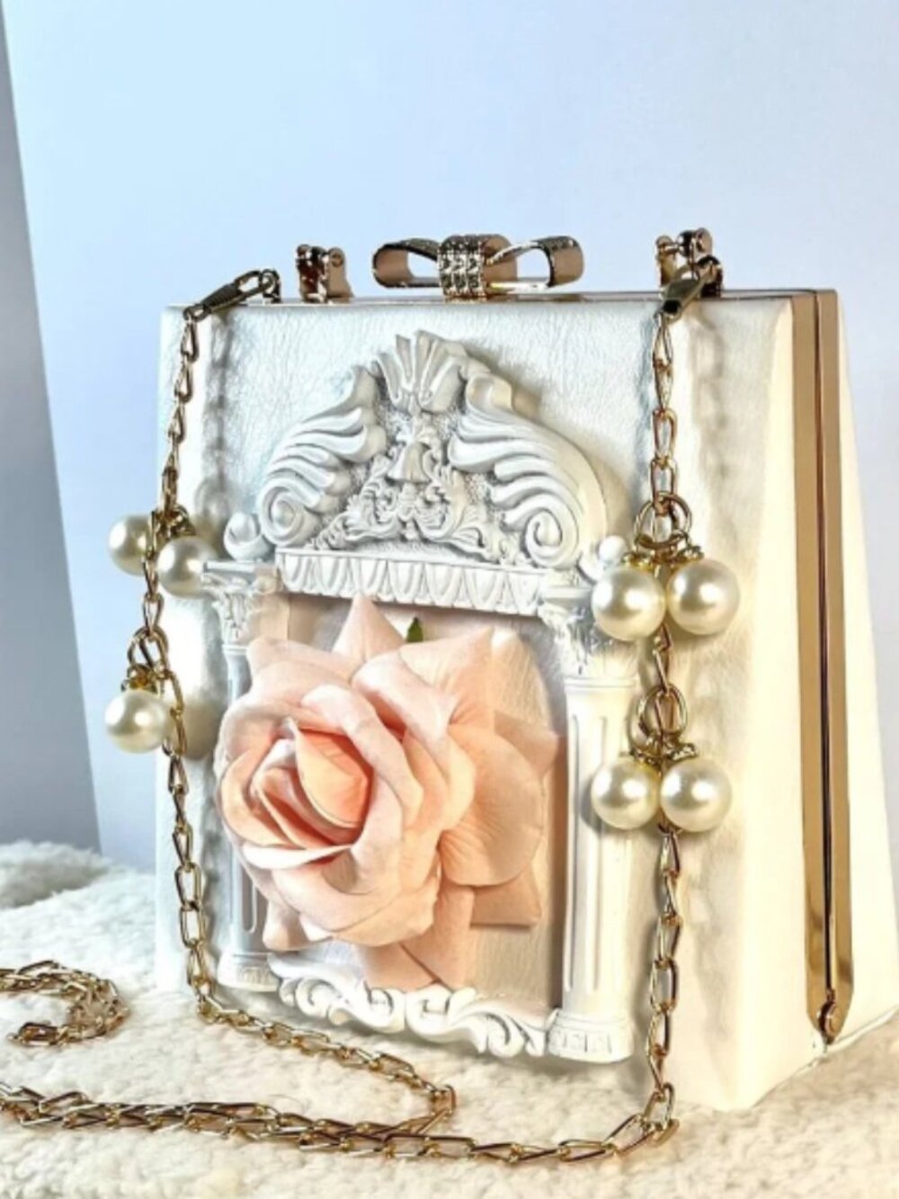 White "Fairycore" Architectural box bag with Pink Rose and Gold-tone Trim